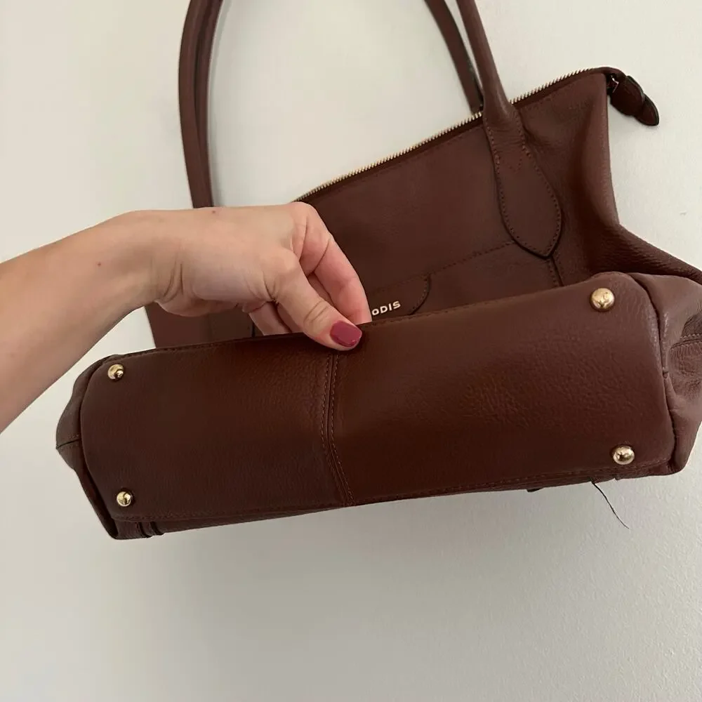 Lodis Leather Zip Around Double Handle Strap Tote Bag Brown